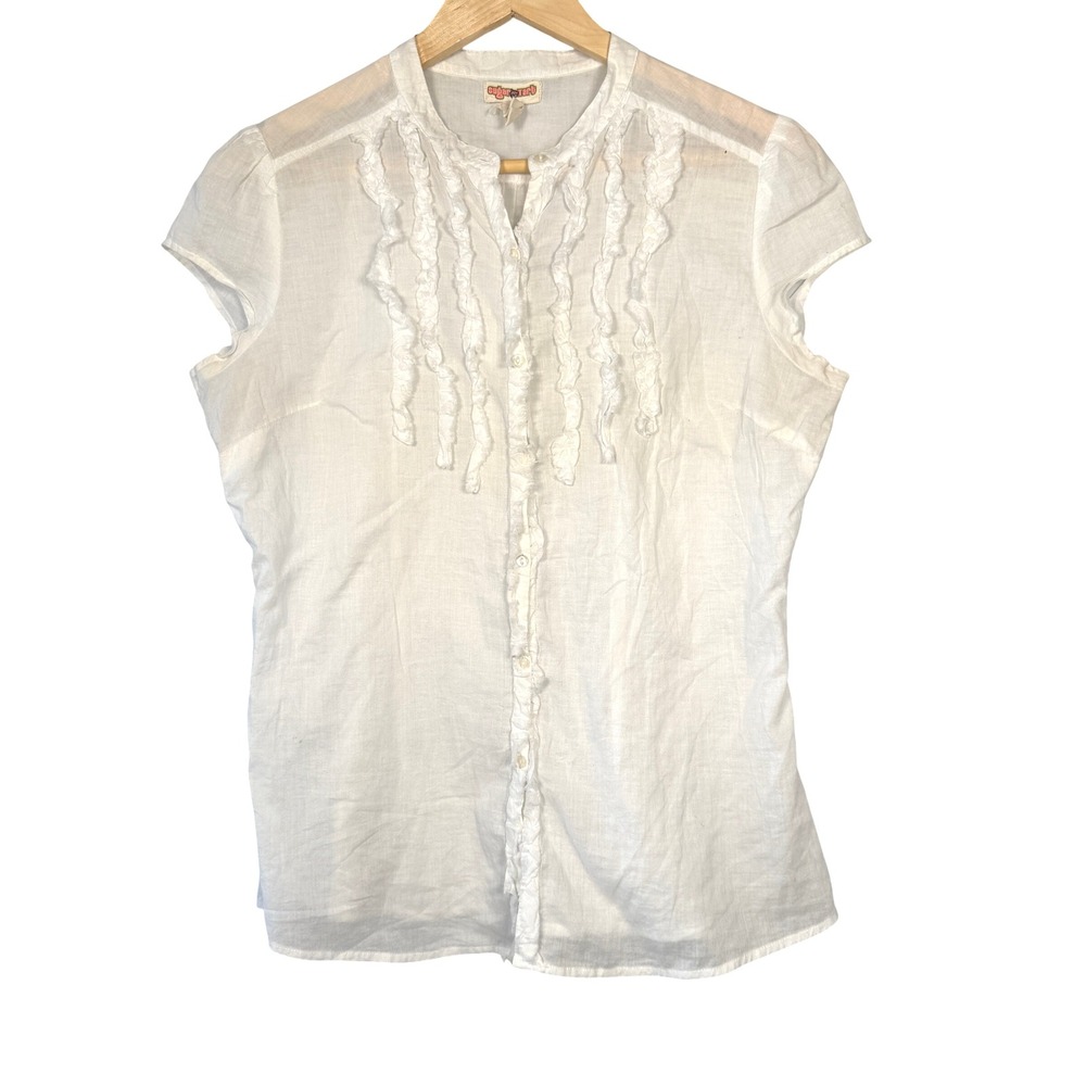 Sugar Tart White Short Sleeve‎ Button Up Ruffle Front Blouse Juniors L